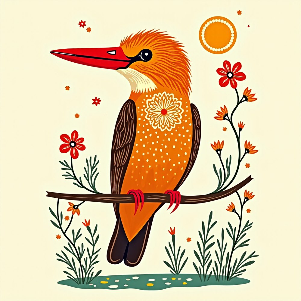 Brown-winged Kingfisher, Madhubani folk-art render by Forge
