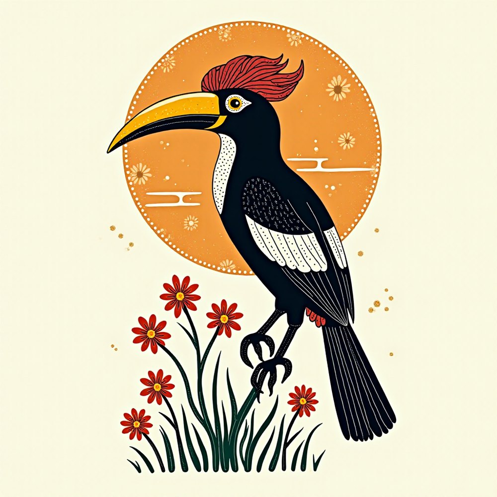 Oriental Pied Hornbill, Madhubani folk-art render by Forge