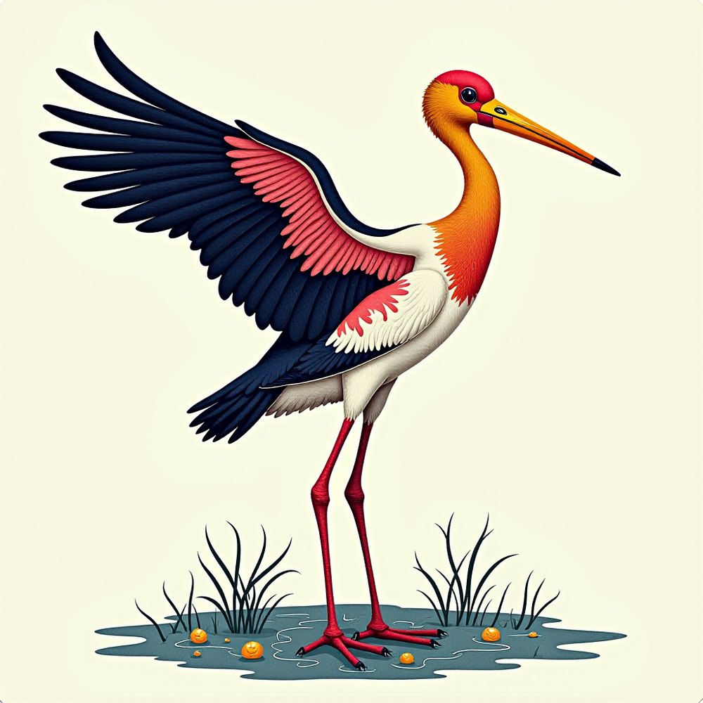 Painted Stork, Madhubani folk-art render by Forge