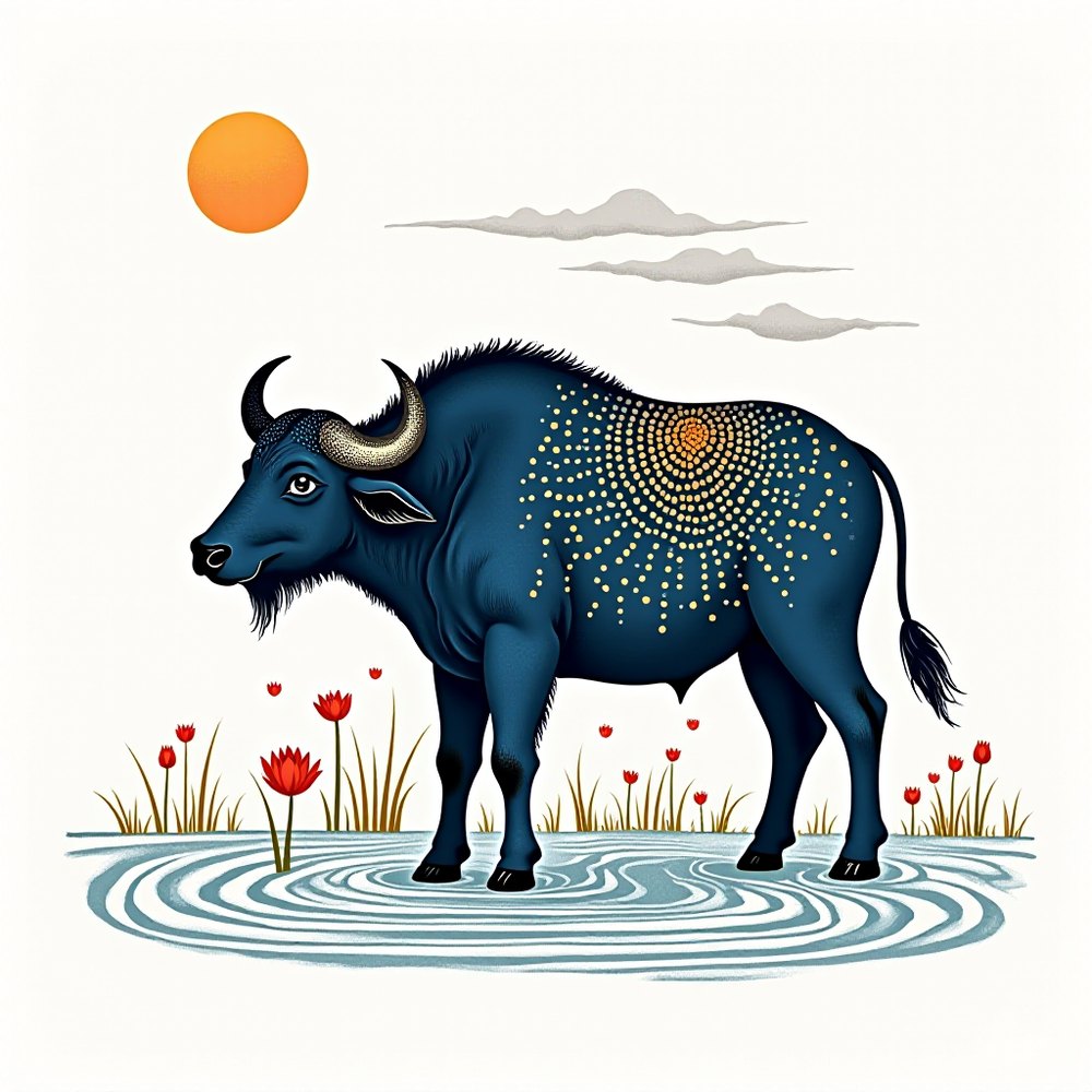 Wild Water Buffalo, Madhubani folk-art render by Forge